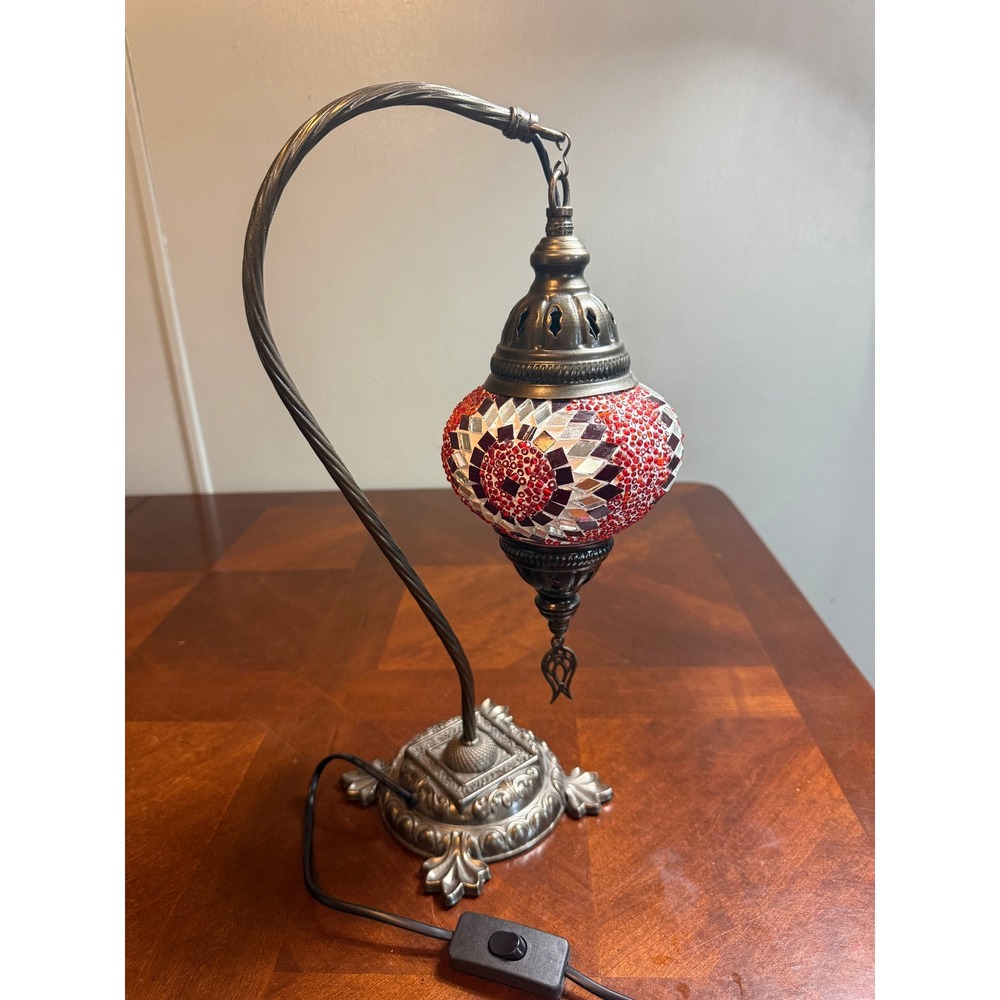 Turkish Mosaic Table Lamp Red Beads Mirror Swan Neck Desk Light Boho Made Turkey
